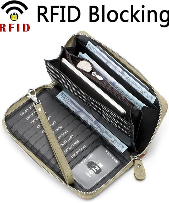 Moflycom Womens Wallet RFID Blocking Genuine Leather Multi Credit Card Large Capacity Zip Around Clutch Travel Purse Wristlet