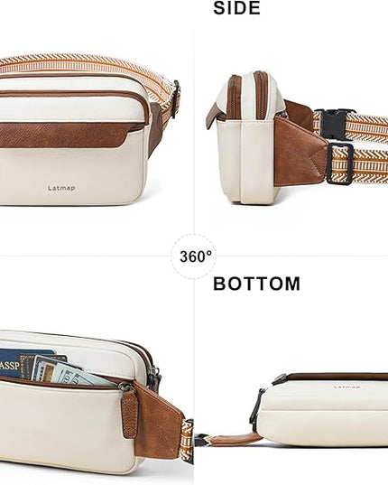 LATMAP 3L Fanny Packs for Women Cross Body Bag Vegan Leather Chest Belt Bag Fashion Waist Pack Small Bum Bag Crossbody for Travel Running Workout, Beige with Brown