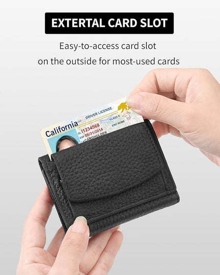 Unisex RFID Genuine Leather Wallet Compact Trifold with Coin Pouch & Card Slots Black (Black)