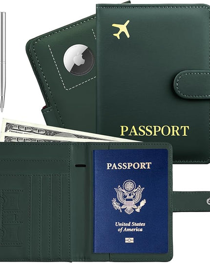 Passport Holder with Airtag Slot Cards Cash Air Ticket Pocket, Travle Gifts for Women Men RFID Blocking Wallet, Passport Book Cover Case Green