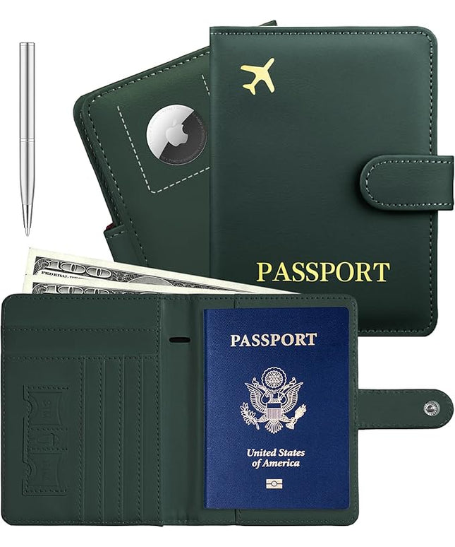 Passport Holder with Airtag Slot Cards Cash Air Ticket Pocket, Travle Gifts for Women Men RFID Blocking Wallet, Passport Book Cover Case Green