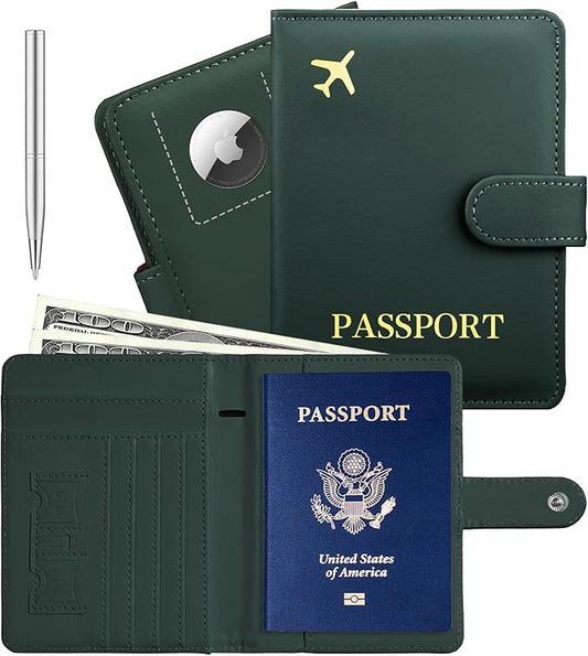 Passport Holder with Airtag Slot Cards Cash Air Ticket Pocket, Travle Gifts for Women Men RFID Blocking Wallet, Passport Book Cover Case Green