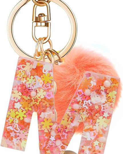 Resin Alphabet Initial Letter Keychain Keyring for Women Purse Handbags With Fur Ball Pom