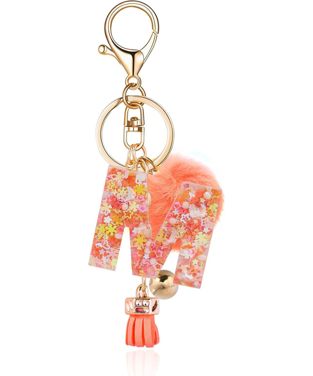 Resin Alphabet Initial Letter Keychain Keyring for Women Purse Handbags With Fur Ball Pom