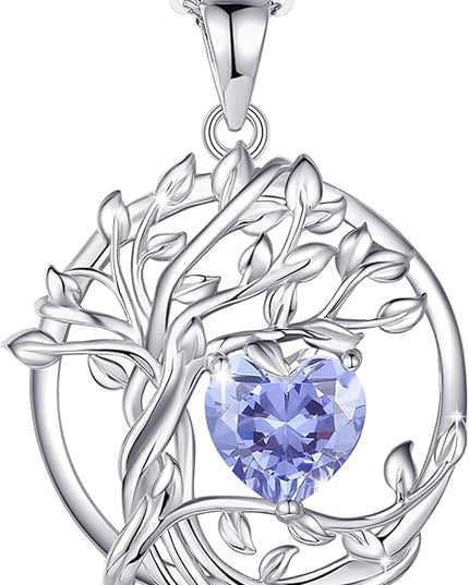 FANCIME Tree of life Birthstone necklace Sterling Silver Pendant Birthstone Necklace Gemstone Anniversary Birthday Jewelry Christmas Gifts for Mom Her Wife