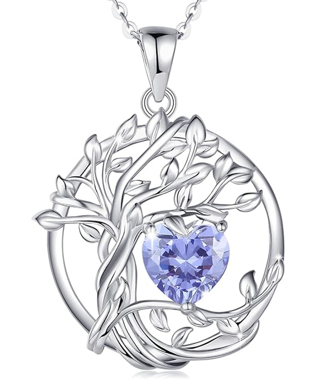 FANCIME Tree of life Birthstone necklace Sterling Silver Pendant Birthstone Necklace Gemstone Anniversary Birthday Jewelry Christmas Gifts for Mom Her Wife