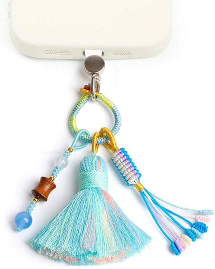 Boho Phone Charm with Tassel, Handmade Macrame Woven Phone Accessory, Cute Aesthetic Crystal & Wood Beaded Pendant Decoration for Cellphone, Bag, Keys