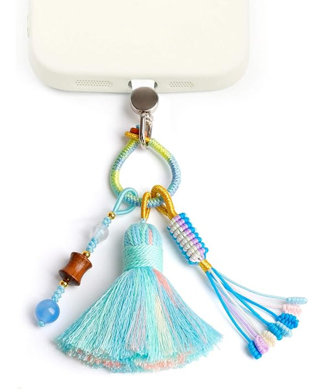 Boho Phone Charm with Tassel, Handmade Macrame Woven Phone Accessory, Cute Aesthetic Crystal & Wood Beaded Pendant Decoration for Cellphone, Bag, Keys