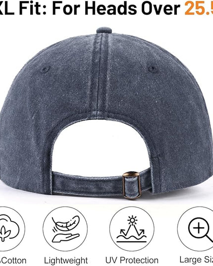 XXL Oversize Washed Denim Baseball Cap,Low Profile Jean Sports Cap for Big Heads 23.5"-25.5",Large Pigment Dyed Dad Hat