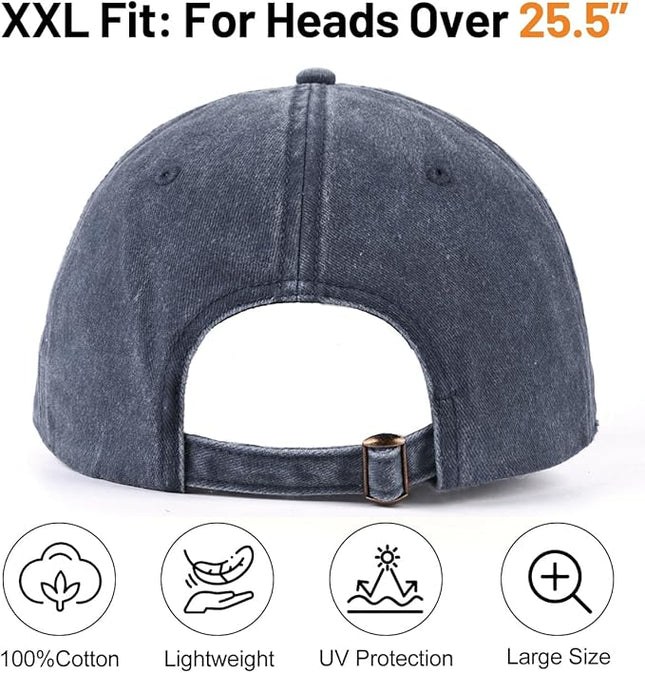 XXL Oversize Washed Denim Baseball Cap,Low Profile Jean Sports Cap for Big Heads 23.5"-25.5",Large Pigment Dyed Dad Hat