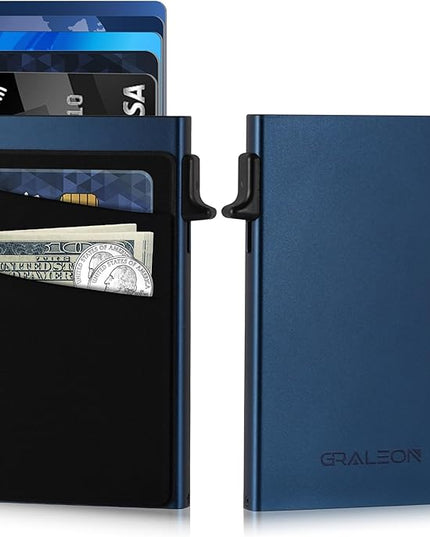 Slim Card Holder Wallet for Men with 12 Card Slots,RFID Blocking Pop Up men's wallet,Metal Wallet with Superelastic Material Expandable Front Pocket Perfectly holds cards,bills,and coins(blue)