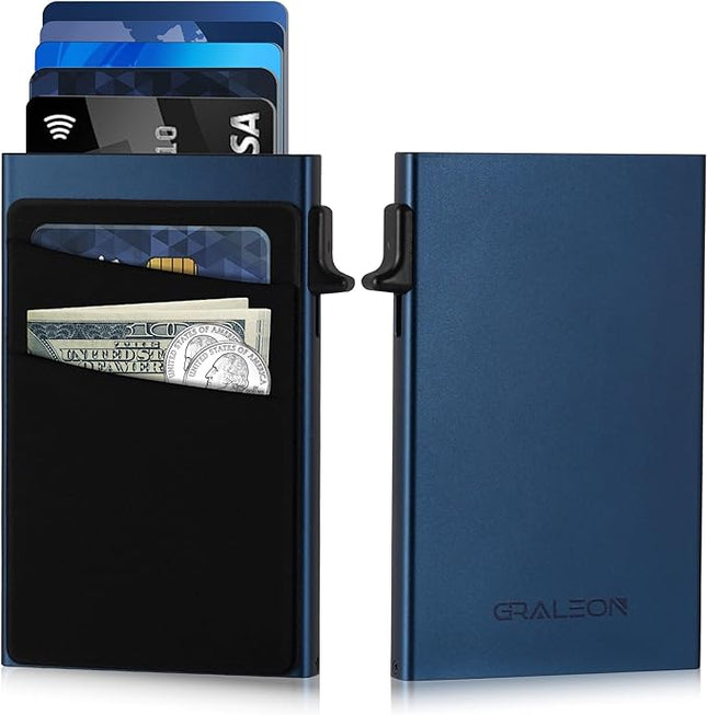 Slim Card Holder Wallet for Men with 12 Card Slots,RFID Blocking Pop Up men's wallet,Metal Wallet with Superelastic Material Expandable Front Pocket Perfectly holds cards,bills,and coins(blue)
