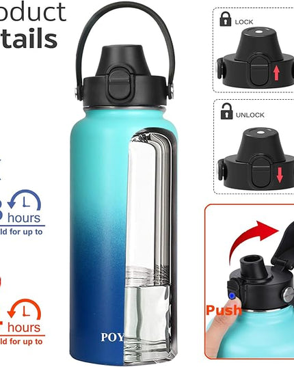 Water Bottle Insulated 32oz 40oz 64oz 128oz Straw Lid Spout Lid & 3 Lids, Leak Proof, Vacuum Insulated,Stainless Steel Water Bottle Wide Mouth for Sports, Gym or Office