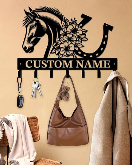 Personalized Custom Name Farm Horse Wall Key Hooks,Metal Horse Art Clothes Hooks,Metal Horse Wall Home Storage Decorative,For Front Door, Hallway, Kitchen, Bedroom,Keys,Hats (Style H)