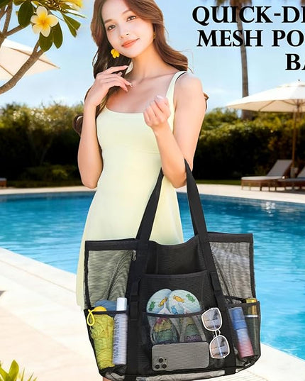 Mesh Beach Bag, Large Beach Tote with Zipper Pocket, Toys Pool Bag for Family Travel Vacation Cruise Essentials