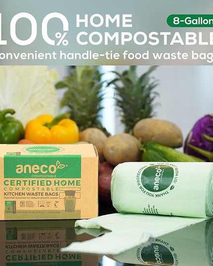 ANECO 8 Gallon Compostable Kitchen Food Waste Bags with Handles (30 Count), Leak-proof Compost Bags for Tall Kitchen Bin, Large 8 Gallon Bags Certified by BPI & OK Compost HOME