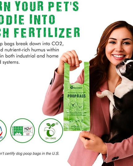 OrangeBio Dog Poop Bags with Handles, 100% Certified Home Compostable, 13 x 9 Inches - 180 Count (15 Bags per Roll, 12 Rolls), OK Compost Home