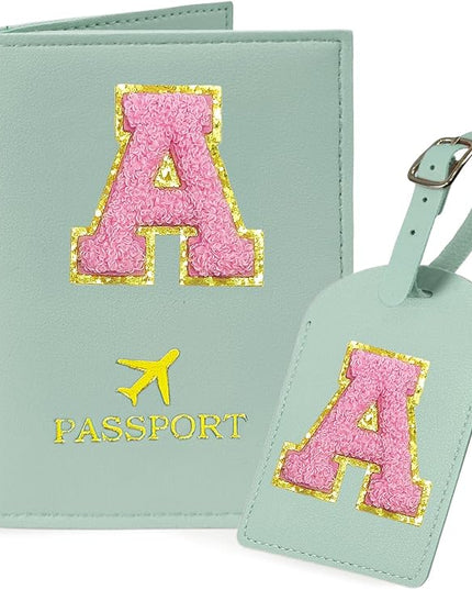 COSHAYSOO Initial Passport Cover Luggage Tag Set Letter Passport Holder Airplane Cruise Travel Essentials Vacation Traveling Accessories Personalized Gifts for Women Teen College Girls Teal A