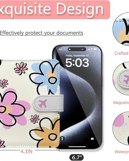 Passport Holder, Travel Wallet Cover with Pen Loop | Cute RFID Blocking Leather Case with Magnetic Closure for Travel Essentials-flower