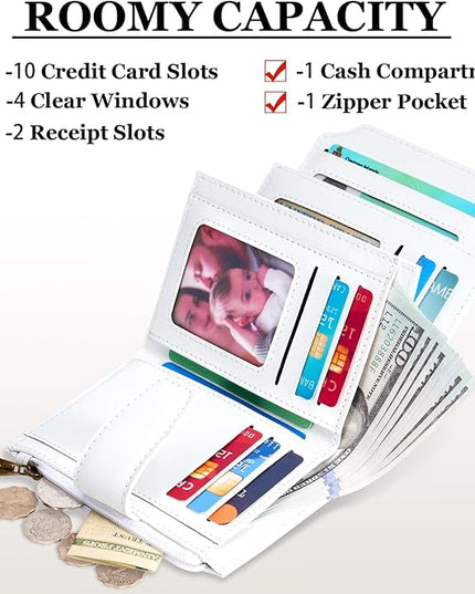 Airkit Small Wallet Women RFID Blocking Leather Bifold Compact Card Holder Wallet for Women with Zipper Coin Pocket 4 ID Window