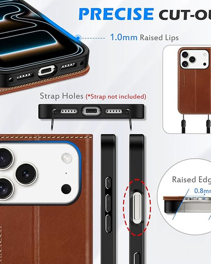 SHIELDON Genuine Leather Wallet Case for iPhone 17 Pro 6.3" 2025 | Flip Cover | Magnetic Closure | RFID Blocking Credit Card Holder | Kickstand | Shockproof Phone Cover | Retro Brown