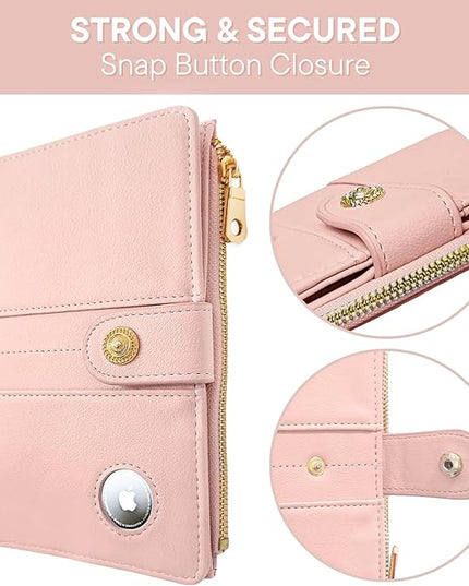 elzama Passport Holder with Airtag Slot for Travel Women, RFID Passport Wallet with Airtag Holder, Zipper Pocket Card Slots Pen Holder & Airtags Keychain (Air tag Not Included) Pink