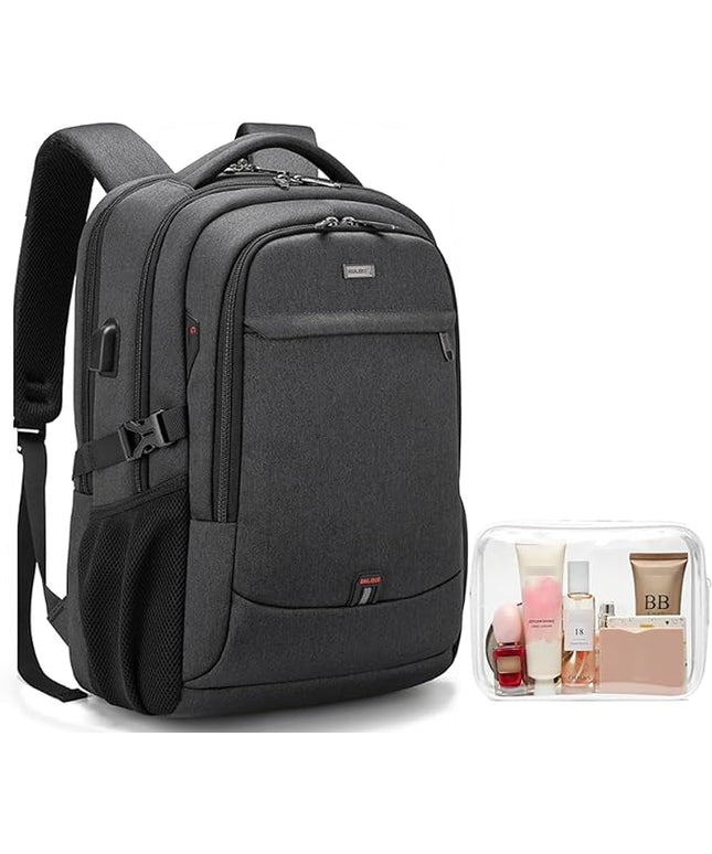 DUSLANG 17 Inch Laptop Backpack for Travel Water Resistant College Backpack for Men/Women Laptop Bag with USB Charging Port and clear Cosmetic Toiletry Bag, Black