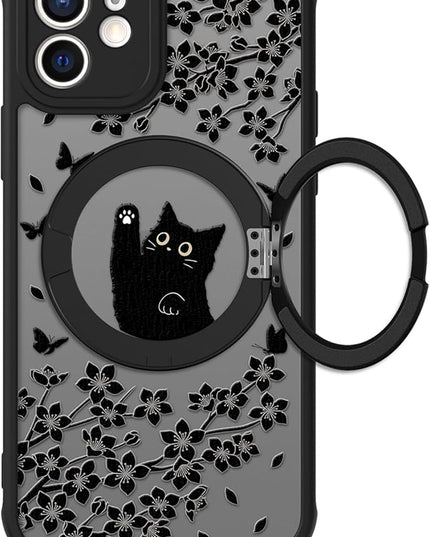Cute Case for iPhone 12 Case with Stand [ Compatible with MagSafe ] Kawaii Black Cat & Floral & Butterflies Pattern Design 360 Magnetic Ring Kickstand Phone Cover for Women Girls Boys