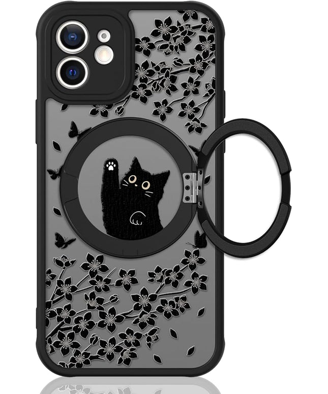 Cute Case for iPhone 12 Case with Stand [ Compatible with MagSafe ] Kawaii Black Cat & Floral & Butterflies Pattern Design 360 Magnetic Ring Kickstand Phone Cover for Women Girls Boys