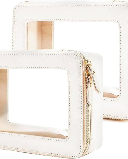 Aveniee Clear Makeup Bag Organizer Set,Portable Travel Toiletry Case for Women, Vegan Leather Cosmetic Pouch Car Bag for Essentials 2pcs,Middle & Large,Beige