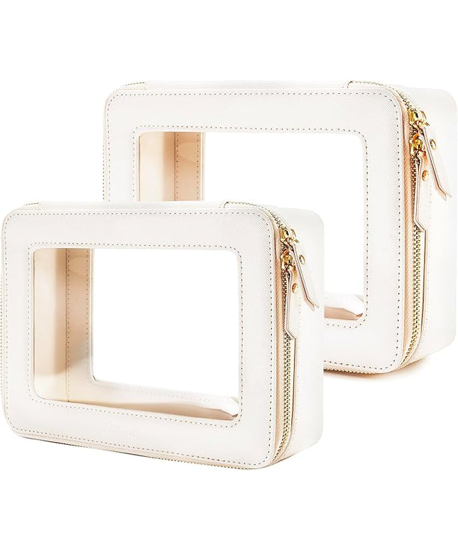 Aveniee Clear Makeup Bag Organizer Set,Portable Travel Toiletry Case for Women, Vegan Leather Cosmetic Pouch Car Bag for Essentials 2pcs,Middle & Large,Beige