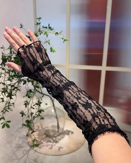 SHENHE Women's Sheer Lace Tulle Gloves Fingerless Elbow Length Arm Sleeves Mittens