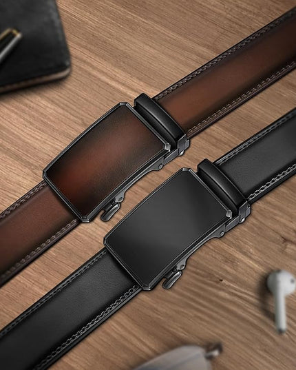 KEMISANT Men Belt 2 Pack, Leather Ratchet Belt Easy Click Slide For Men 1 3/8",Cut for Fit