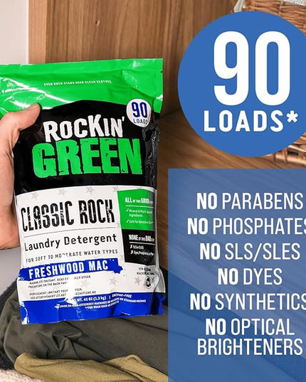 Rockin' Green Classic Rock Laundry Detergent (90 Loads), Plant based, All Natural Laundry Detergent Powder, Vegan and Biodegradable Odor Fighter, Safe for Sensitive Skin, 45 oz (Freshwood Mac)