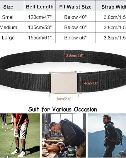 WHIPPY Canvas Web Belt Flip-Top Solid Black Military Buckle Fully Adjustable Mens Webbing Belts Cut To Fit