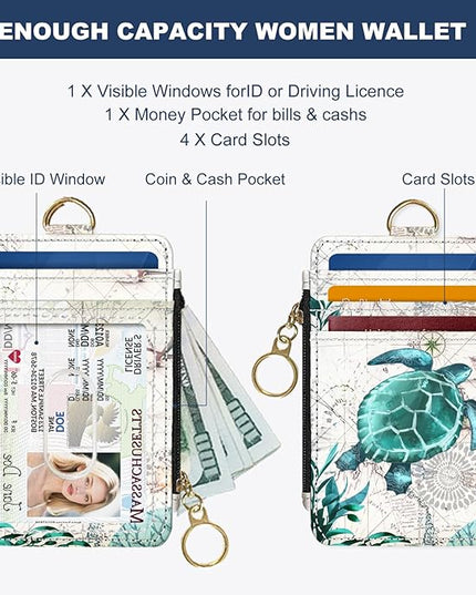 Slim Wallet Credit Card Holder, Map TurtleX, RFID Wallet Women Cute Small Front Pocket Wallet With Zipper, PU Leather Thin travel RFID Blocking Card Case ID Window,Ladies Gifts