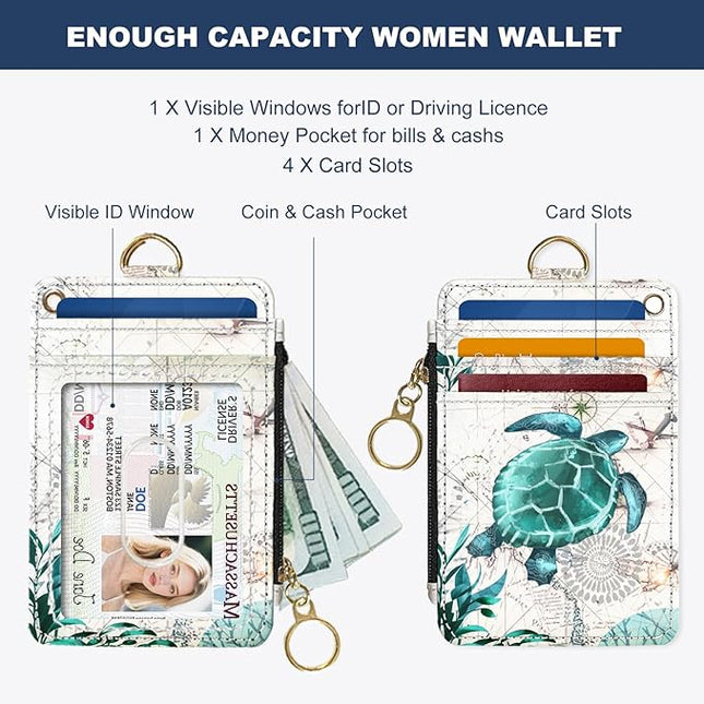 Slim Wallet Credit Card Holder, Map TurtleX, RFID Wallet Women Cute Small Front Pocket Wallet With Zipper, PU Leather Thin travel RFID Blocking Card Case ID Window,Ladies Gifts