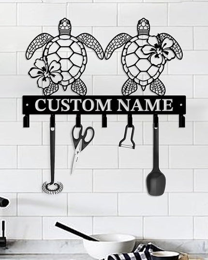 Casebrick Custom Sea Turtle Metal Wall Hooks,Key Holder-Personalized Iron Wall Decor for Keys, Coats & Home Organization (Black, Handmade,Decorative for Entryway, Beach,Bedroom,Office) (Style D)