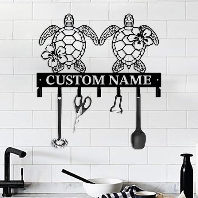 Casebrick Custom Sea Turtle Metal Wall Hooks,Key Holder-Personalized Iron Wall Decor for Keys, Coats & Home Organization (Black, Handmade,Decorative for Entryway, Beach,Bedroom,Office) (Style D)