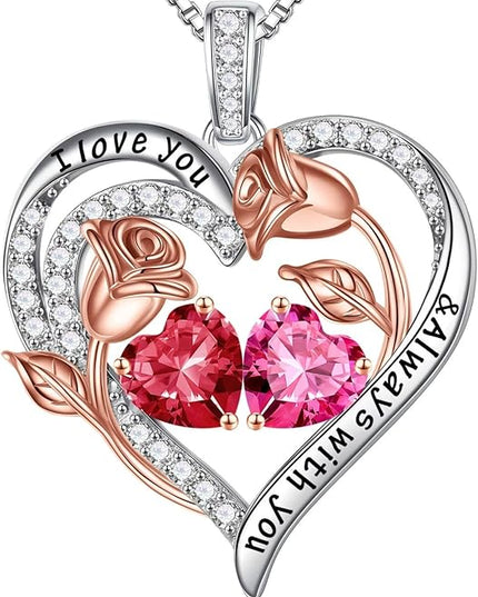 Iefil Christmas Gifts for Women Wife - 925 Sterling Silver Rose Heart Birthstone Necklace Birthday Anniversary Jewelry Gifts for Her Wife Mom Daughter