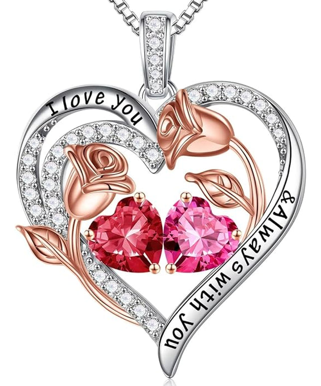 Iefil Christmas Gifts for Women Wife - 925 Sterling Silver Rose Heart Birthstone Necklace Birthday Anniversary Jewelry Gifts for Her Wife Mom Daughter