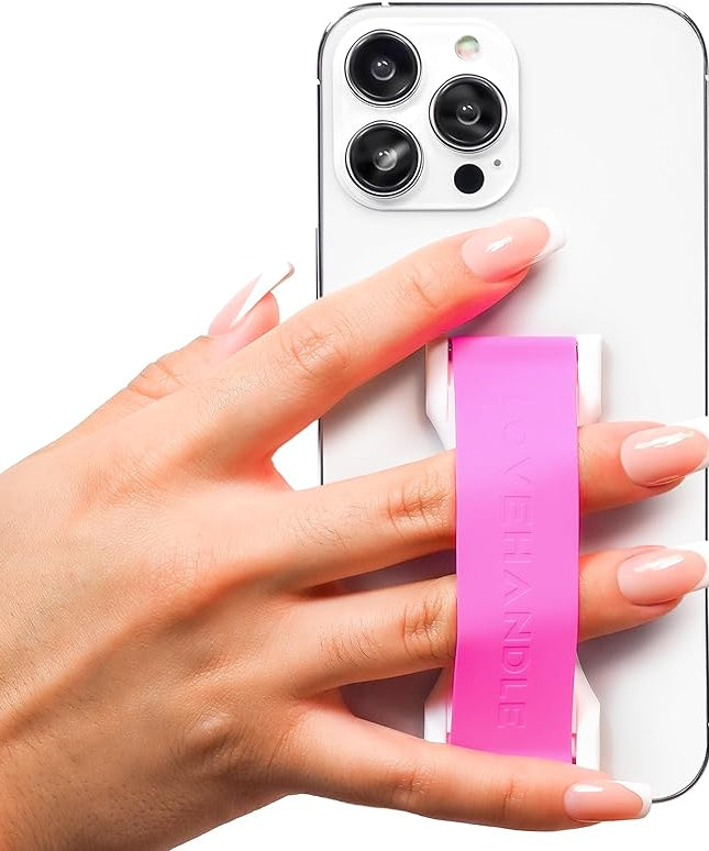 LoveHandle PRO Premium Phone Grip - Silicone Phone Strap - Magnetic Phone Mount and Kickstand for Smartphone and Tablet - Hot Pink Silicone on White Base