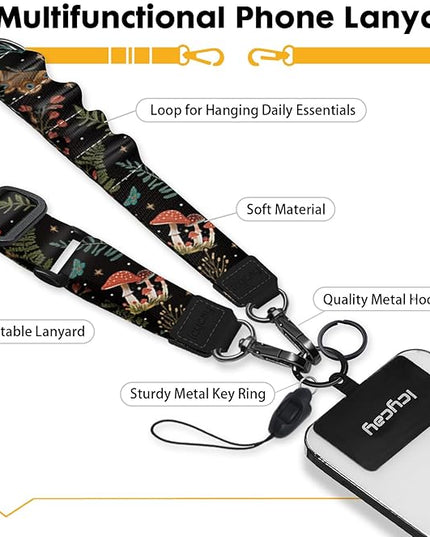 Phone Lanyard Crossbody, Butterfly Cell Phone Strap for Around The Neck Adjustable, Mushroom Flower Teacher Anti Theft Cute Lanyard for iPhone Case ID Holder Keys Accessories Travel Essential
