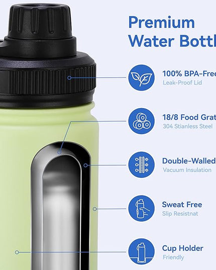 DOMICARE 16 oz Water Bottle Stainless Steel Double Wall Vacuum Insulated Water Bottle with Straw lids & Spout Lid, Leakproof