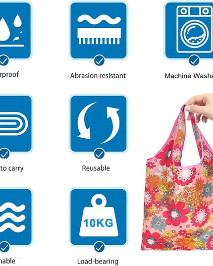 6 Pcs Reusable Shopping Bags Foldable, Machine Washable Shopping Grocery Bags in Pocket , Eco-Friendly Travel Recycle Shopping Bags, Waterproof Pouch Tote Bags for Daily Shopping Supplies load