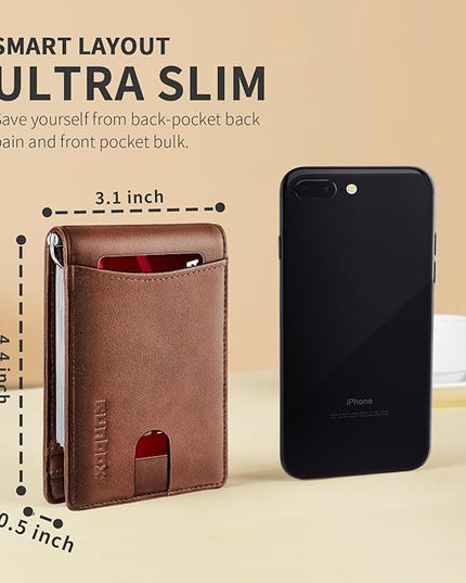 RUNBOX Slim Wallet for Men Genuine Leather RFID Blocking Bifold Minimalist Front Pocket Mens Wallet with Money Clip Thin Gift Box