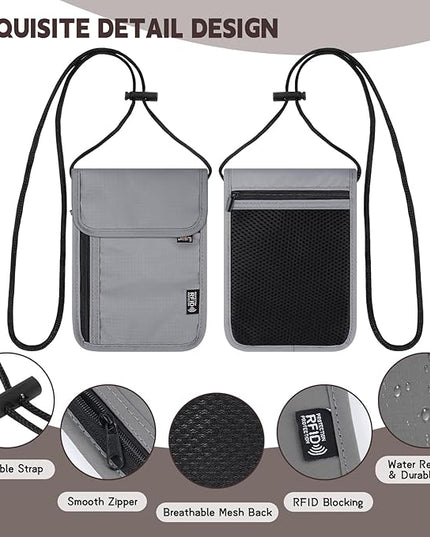 5.5" L x 7.9" W Travel Neck Wallet, RFID Blocking Passport Holder for Travel Women Men, Security Lightweight Travel Wallet, Neck Passport Pouch Gifts for Traveling(Light Grey)