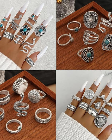 KISS WIFE Cool Rings Set for Women, Vintage Silver Punk Rings Bulk, Gothic Chunky Knuckle Emo Stackable Finger Ring Pack Western Jewelry Gift for Her