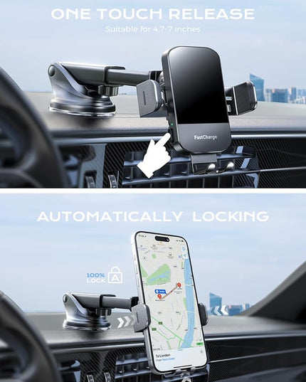 CHGeek Wireless Car Charger, 15W Fast Charging Auto Clamping Phone Holders for Your Car Phone Mount for Car fit for iPhone 17 16 15 14 13 12 Pro Max 11 XR XS, Samsung Galaxy S25 Ultra S24 S23, Black