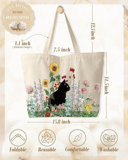 Large Tote Bag for Women - Canvas Tote Bag with Zipper Aesthetic Reusable Shoulder Bag for Gym, Travel, Work